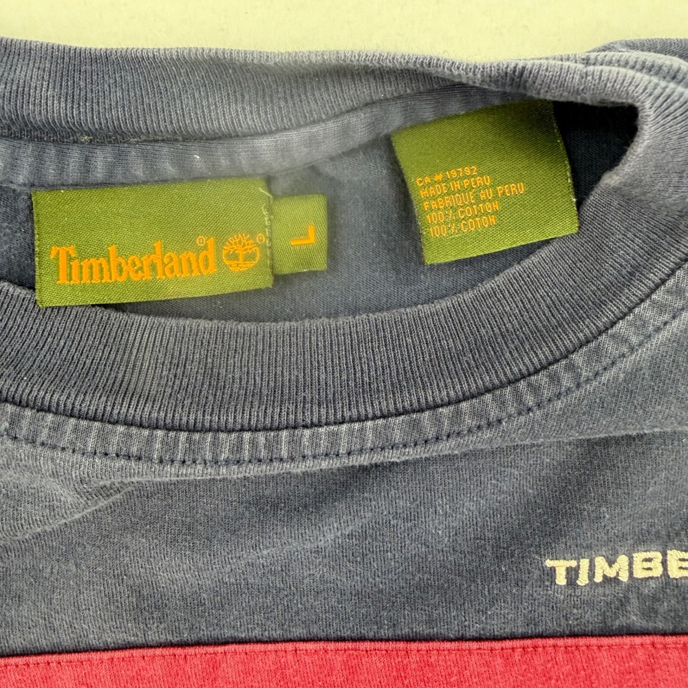 Timberland Early 2000's Men's Long Sleeve T Shirt Large Navy Blue 73 Stripe Logo - Picture 4 of 7